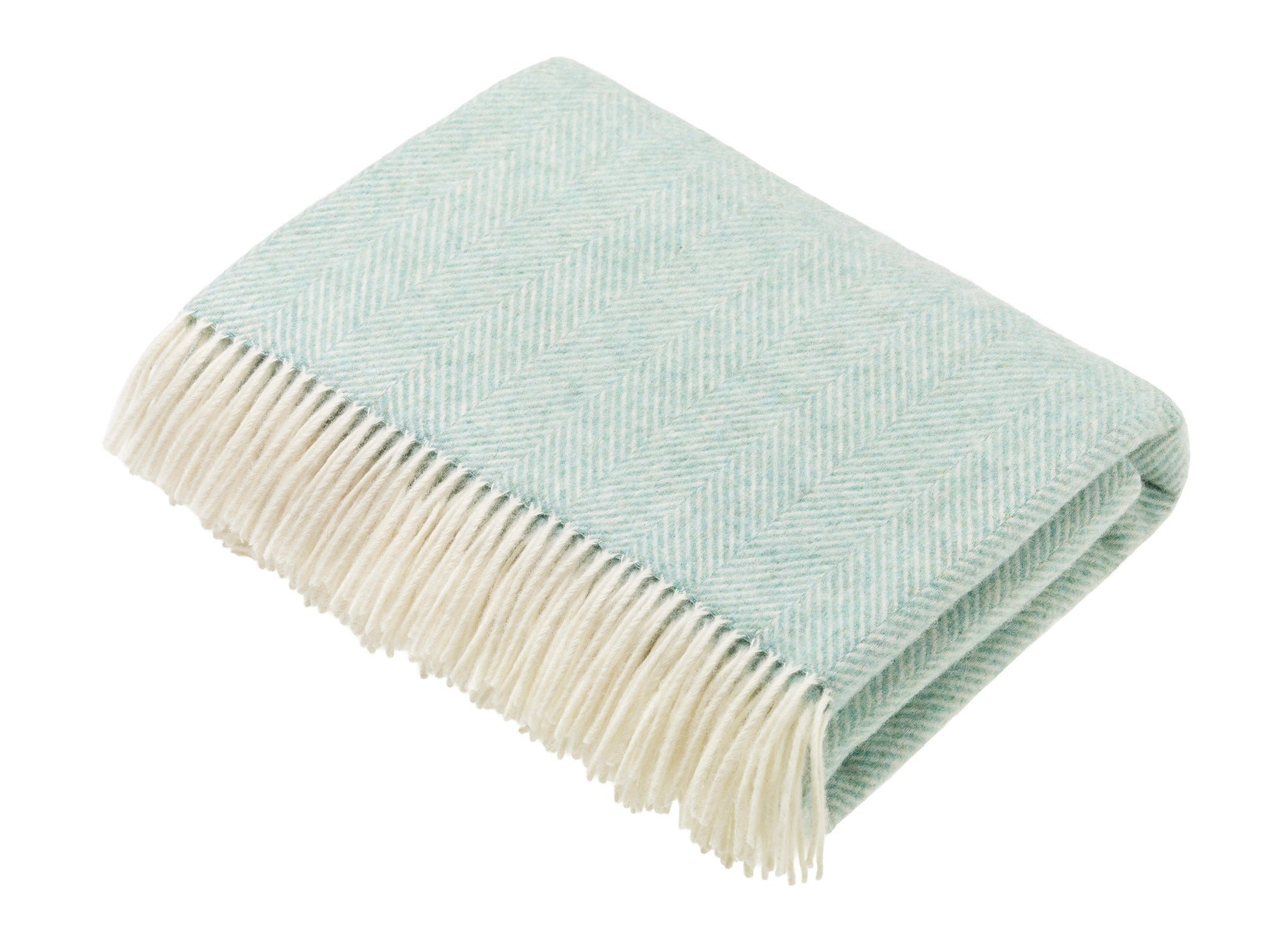 Bronte by Moon Herringbone throw in eucalyptus soft blue green merino wool. Made in England.