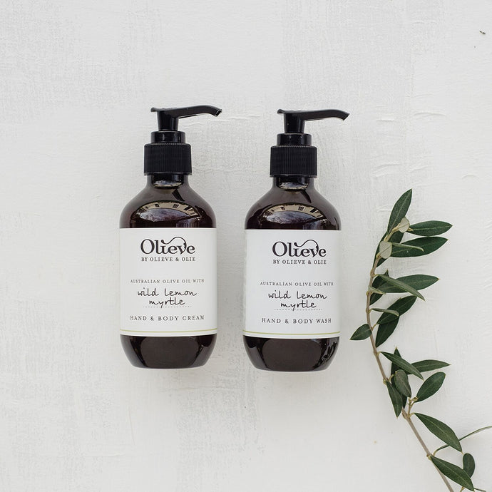 Olieve and Olie wild lemon myrtle hand and body wash and hand and body cream twin boxed gift set, all natural and organic ingredients.