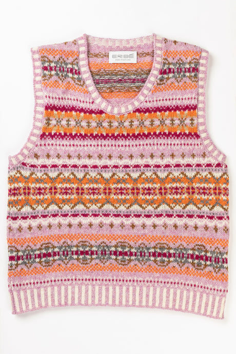 Eribe Westray fairisle vest in Shetland wool, Orange Burst in orange, magenta and pink.