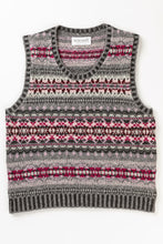 Load image into Gallery viewer, Eribe Westray Shetland wool fairisle vest in Tokyo, shades of grey with magenta, burgundy and pink.