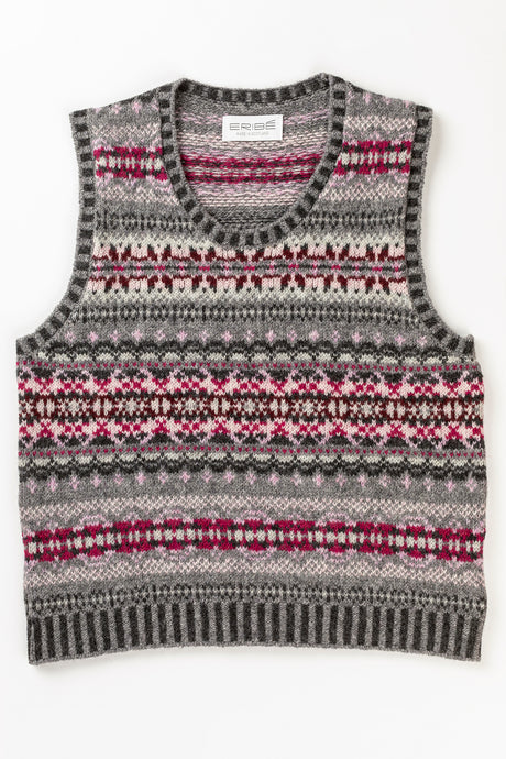Eribe Westray Shetland wool fairisle vest in Tokyo, shades of grey with magenta, burgundy and pink.