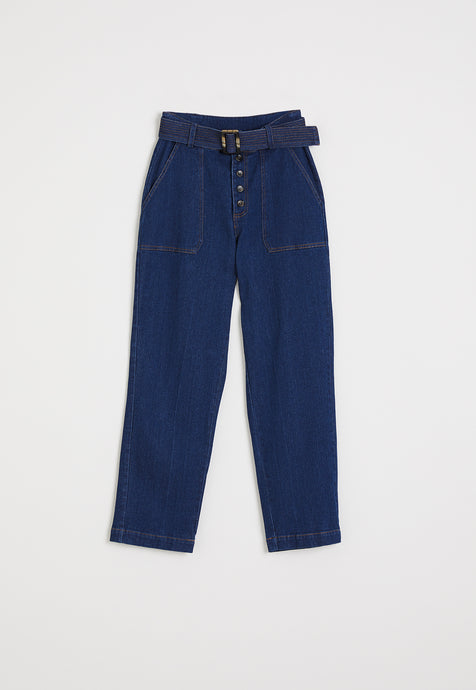 Nancybird Ina belted dark wash denim pant with patch pockets and button fly.
