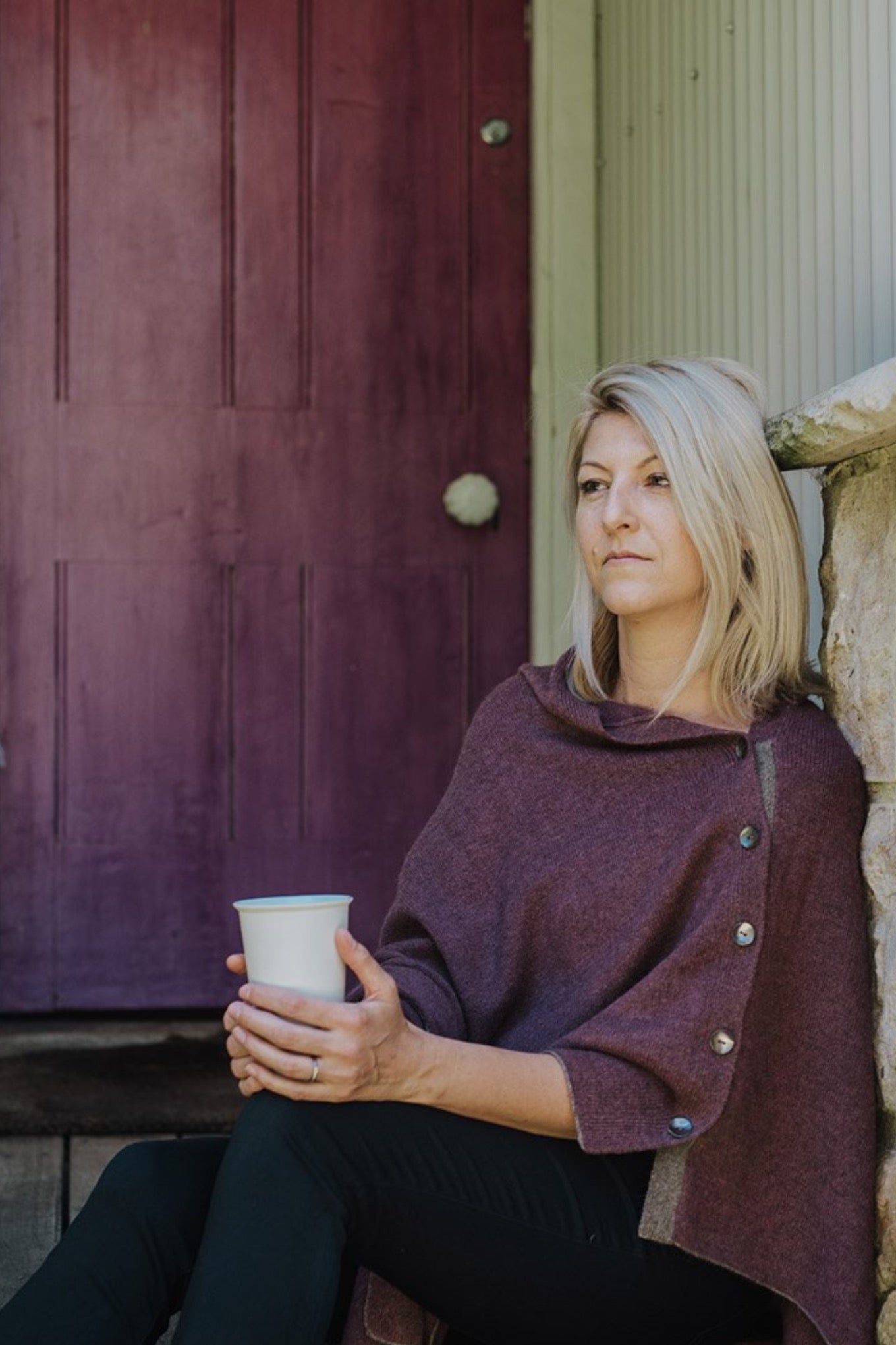 Juniper Hearth baby yak poncho in light plum.