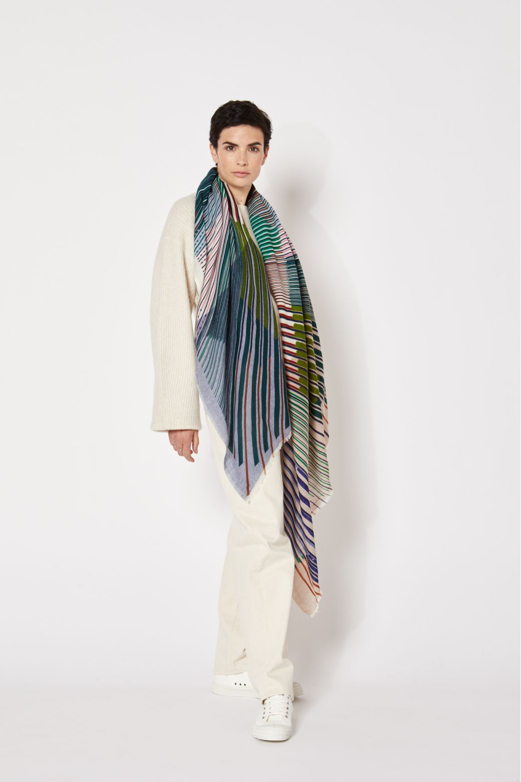 Ma Poesie Sequence wool scarf in passion, multicolour graphic design.