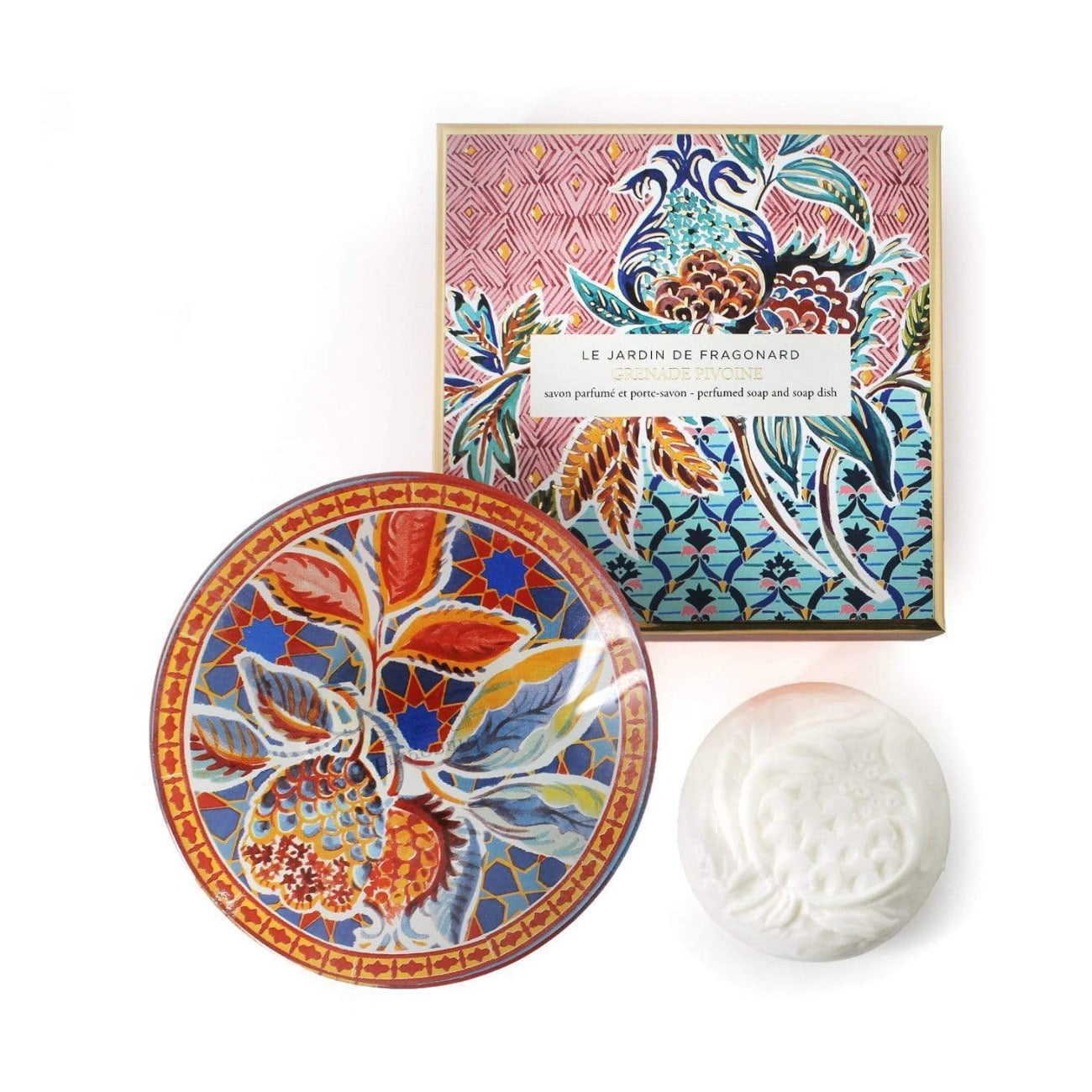 Fragonard French boxed gift set of soap and glass dish, grenade pivoine (pomegranate peony).