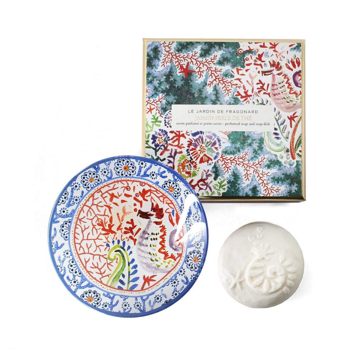 Fragonard French boxed soap and glass dish gift set, jasmine perle de the (jasmine pearl tea).