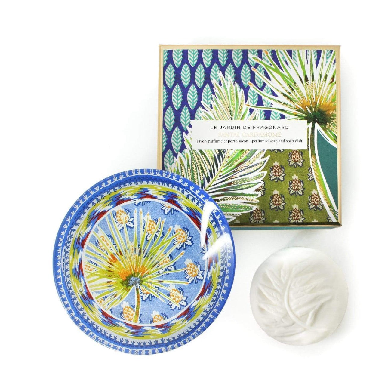 Fragonard gift set of French soap and matching glass dish, beautifully boxed. Santal cardamome (sandalwood cardamom).
