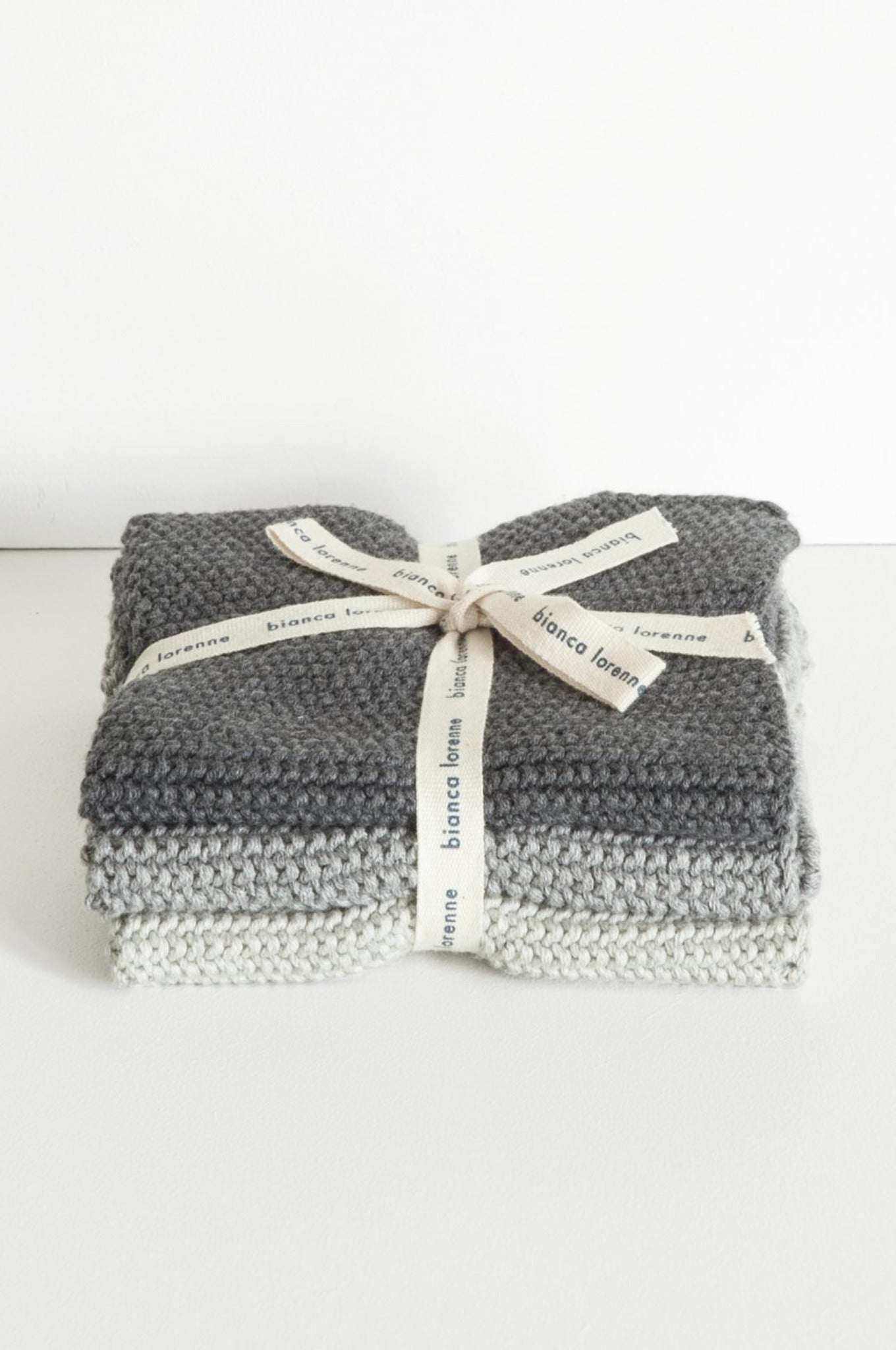 Bianca Lorenne pure cotton knitted washcloths, set of 3 in shades of charcoal grey.