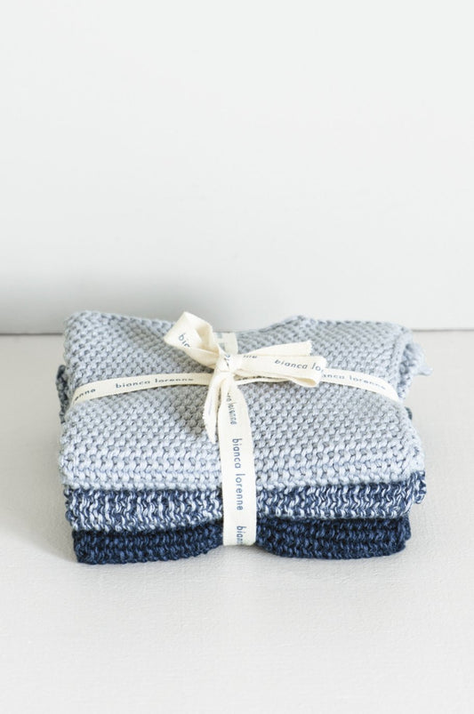 Bianca Lorenne pure cotton knitted washcloths, set of 3 in shades of indigo blue.