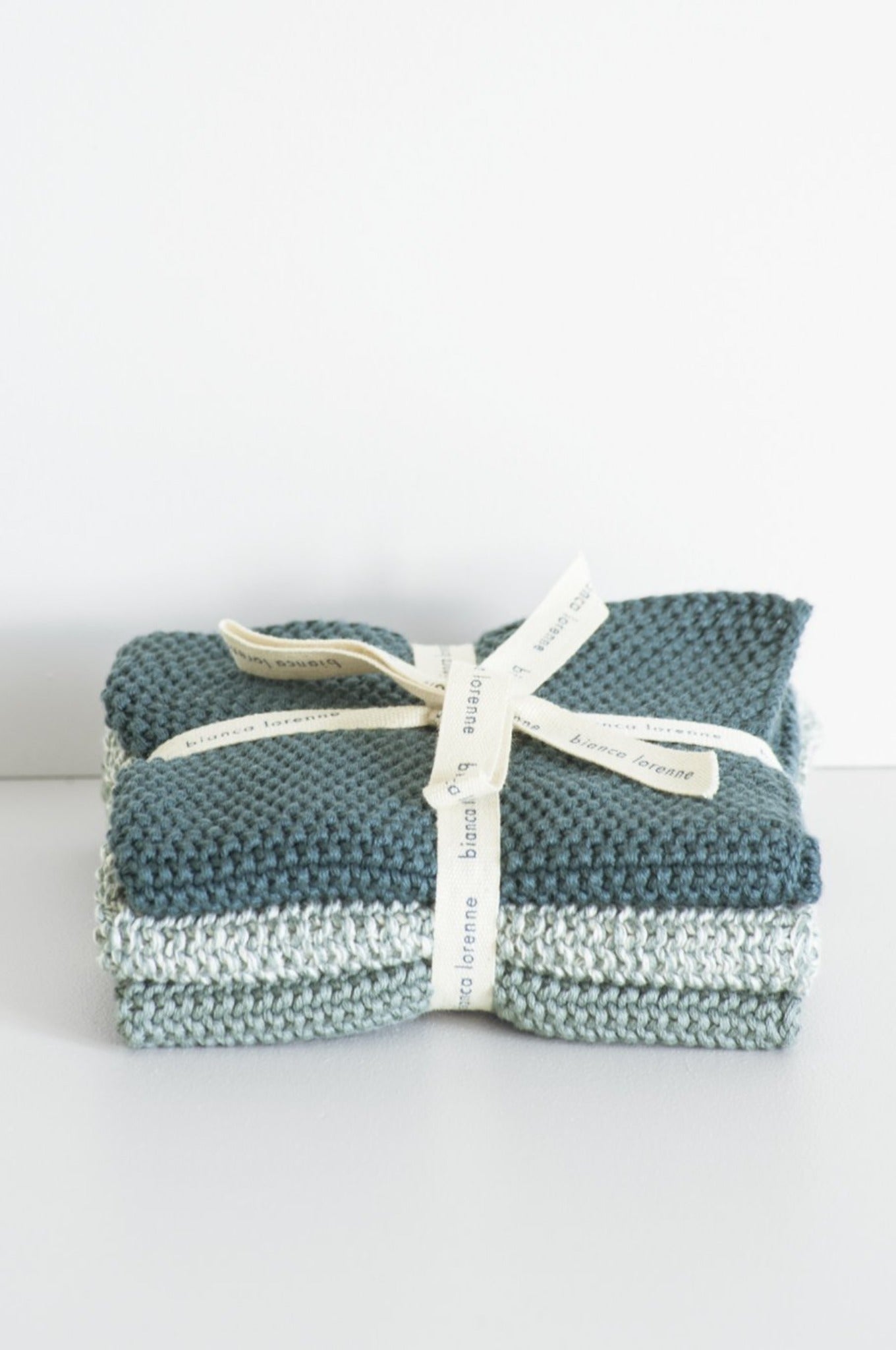 Bianca Lorenne pure cotton knitted washcloths, set of 3 in shades of teal green.