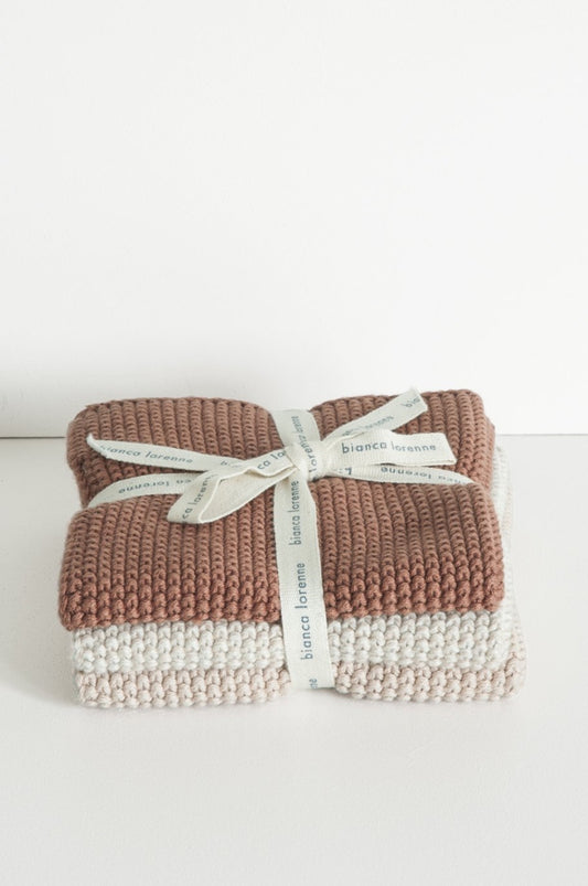 Bianca Lorenne lavette set of 3 cotton knitted washcloths in vintage rose pink.
