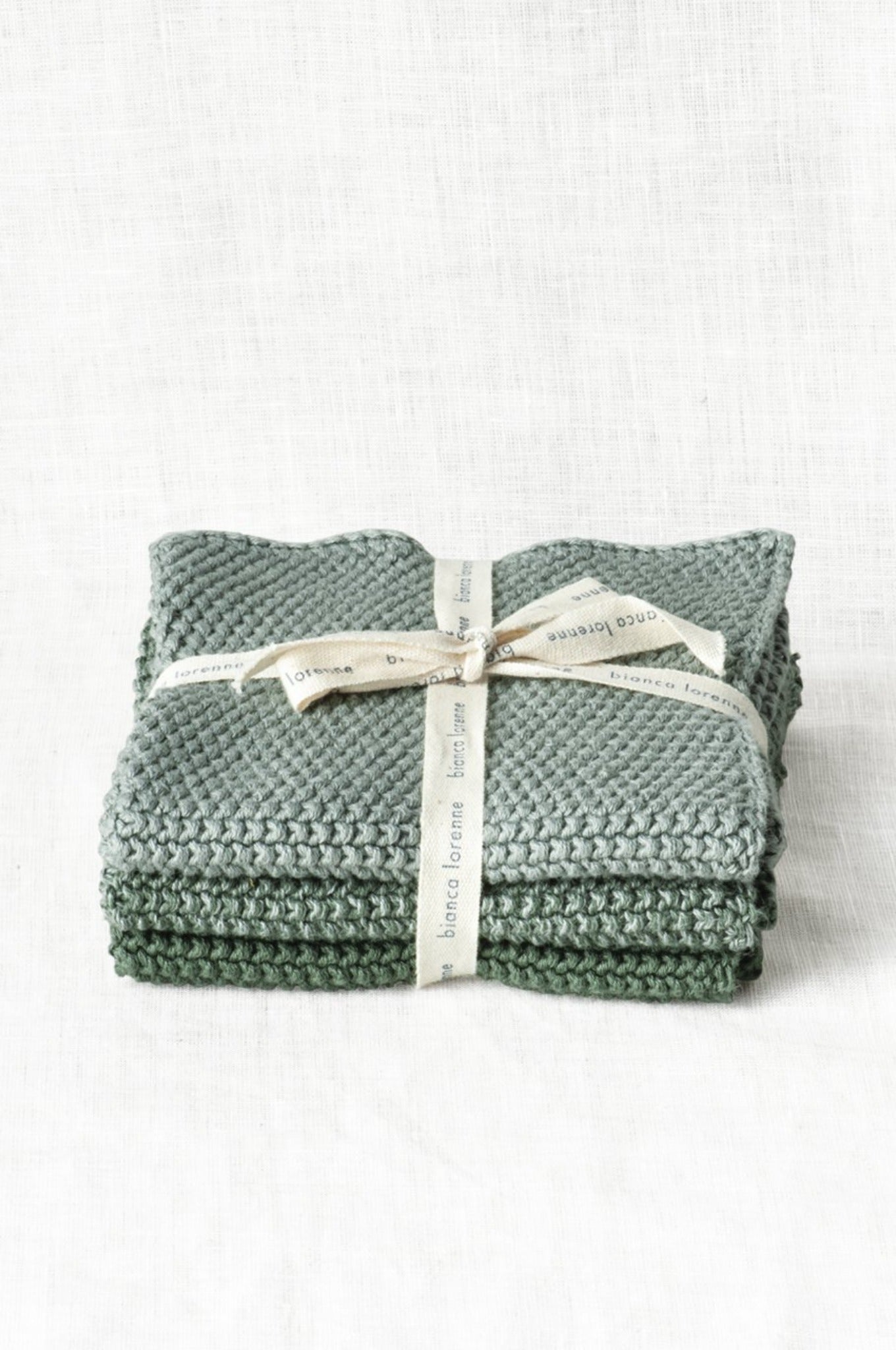 Bianca Lorenne pure cotton knitted washcloths, set of 3 in shades of sage green.