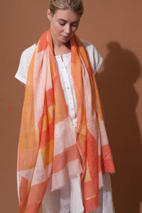 Ma Poesie scarf, design in France made in India, hand woven Prairie design in Pastel, summer shades of lemon, coral and blush pink, subtle floral design.
